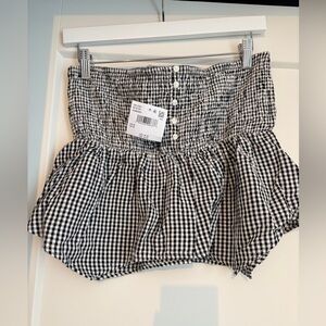 NWT American Eagle Black & White Gingham Button-Front Smocked Peplum Tube Top